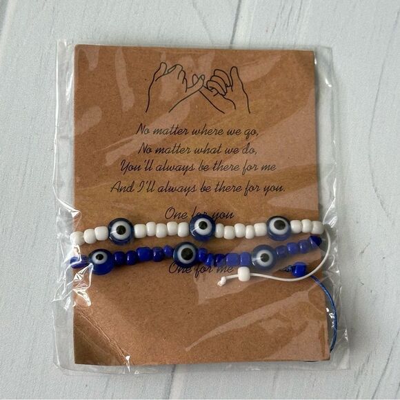 2 pc. Turkish Evil Eye Friendship Blue White Beads Bracelets - Picture 6 of 9